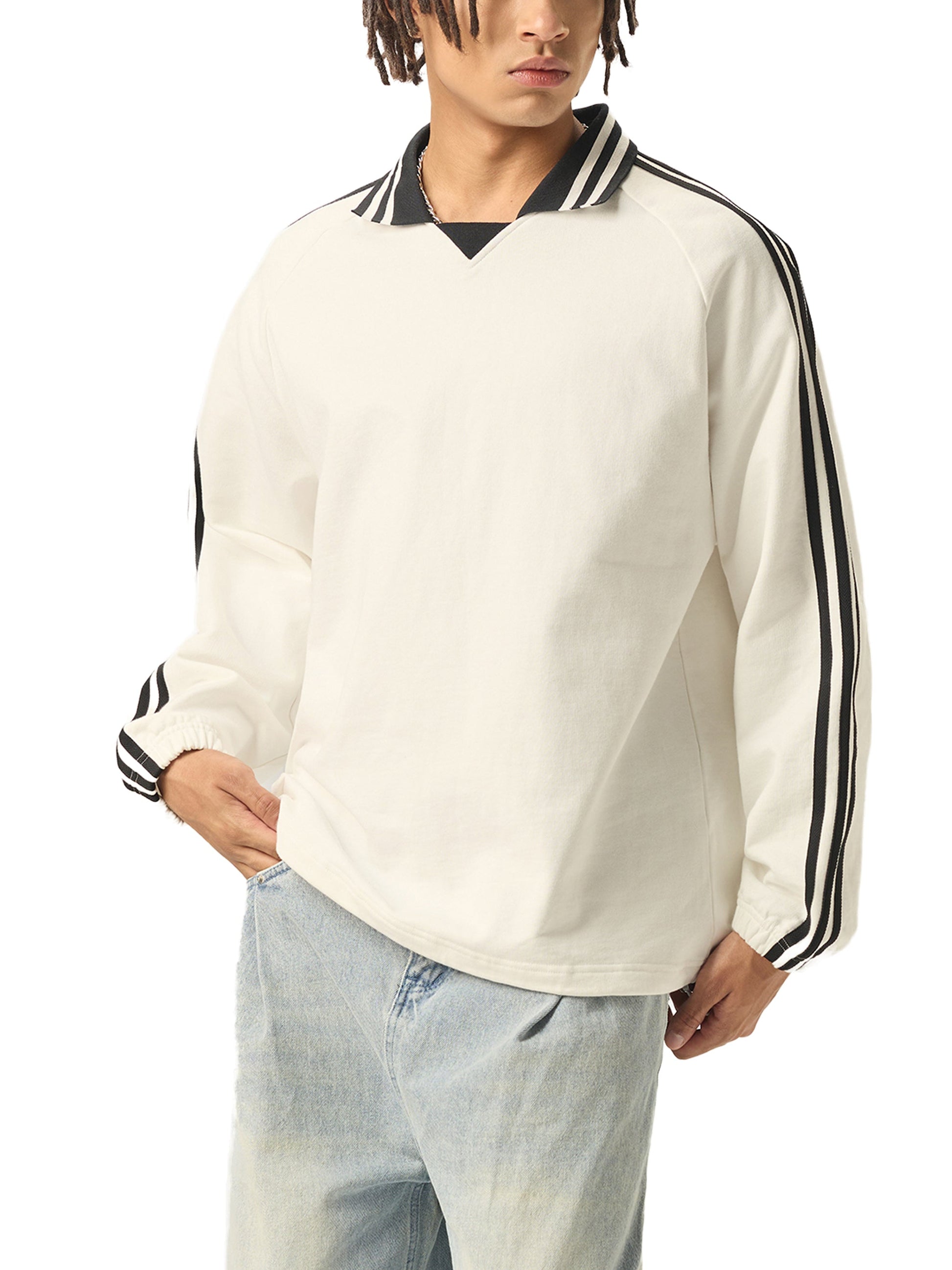 Contrast Striped Lapel Collar Sweatshirt ODMPOD