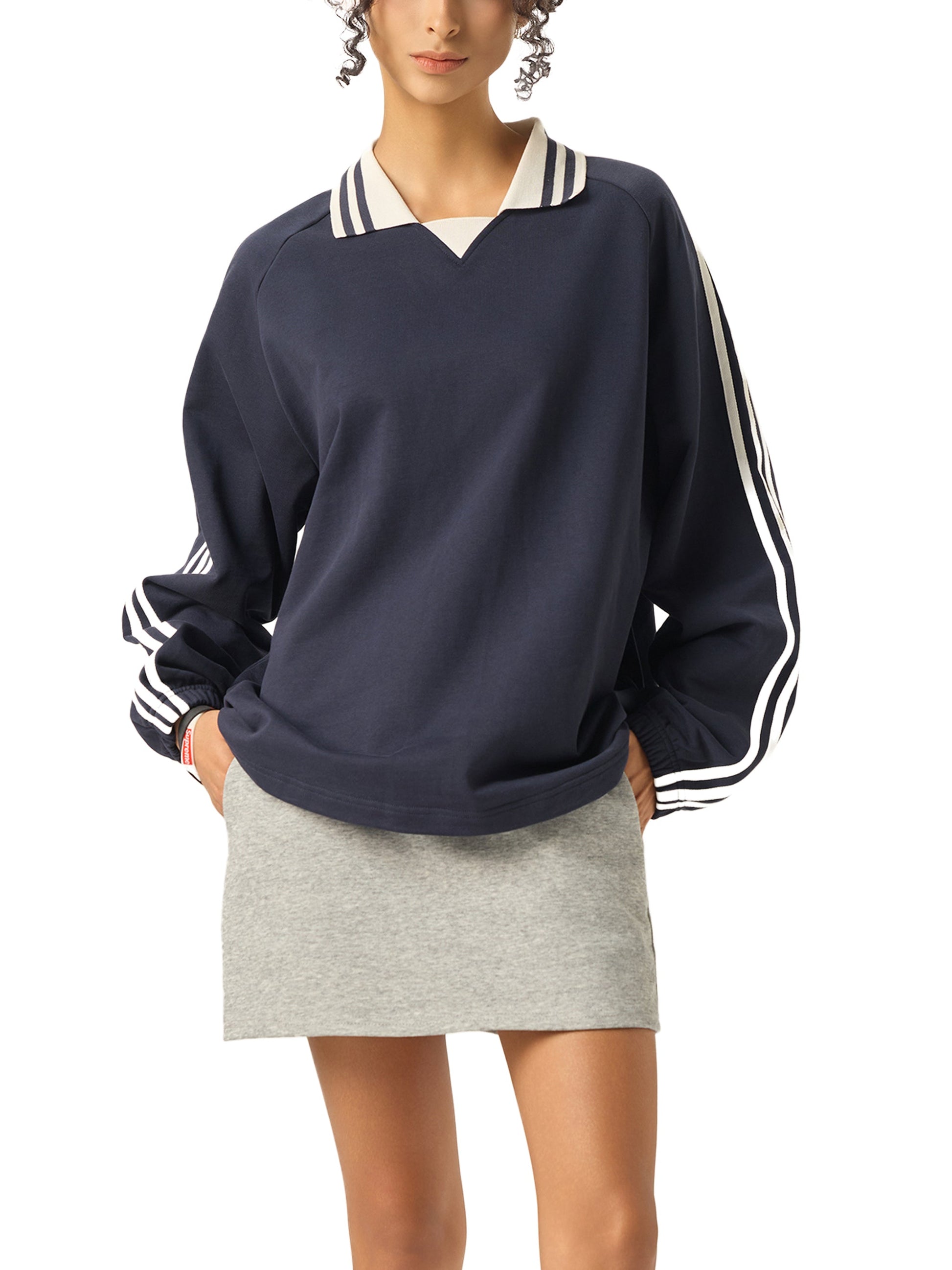 Contrast Striped Lapel Collar Sweatshirt ODMPOD